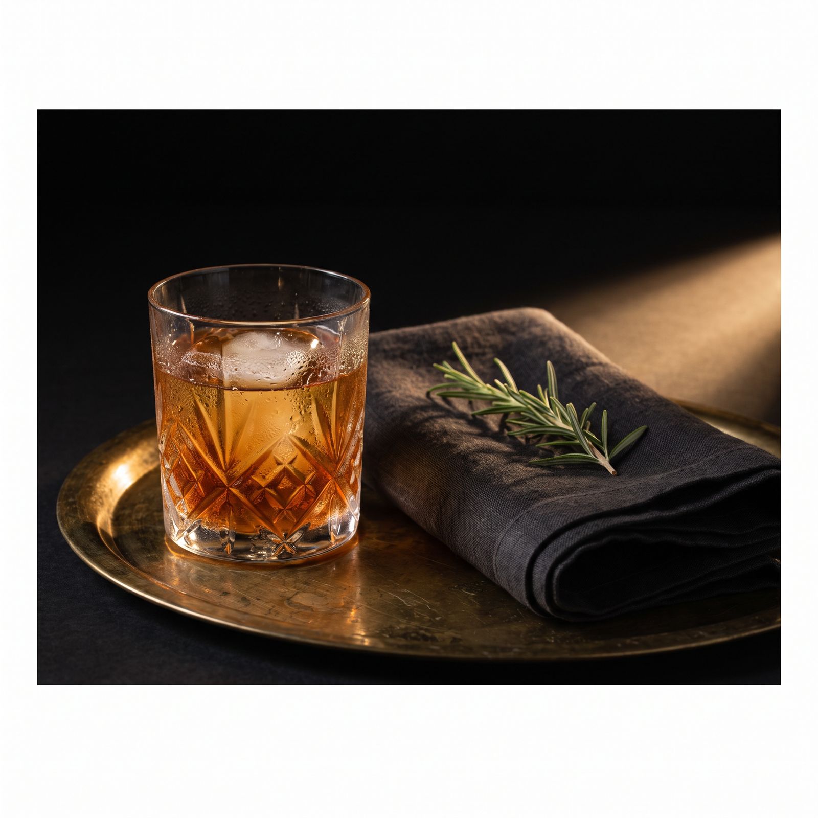 Demonstration frame — cocktail on a brass tray