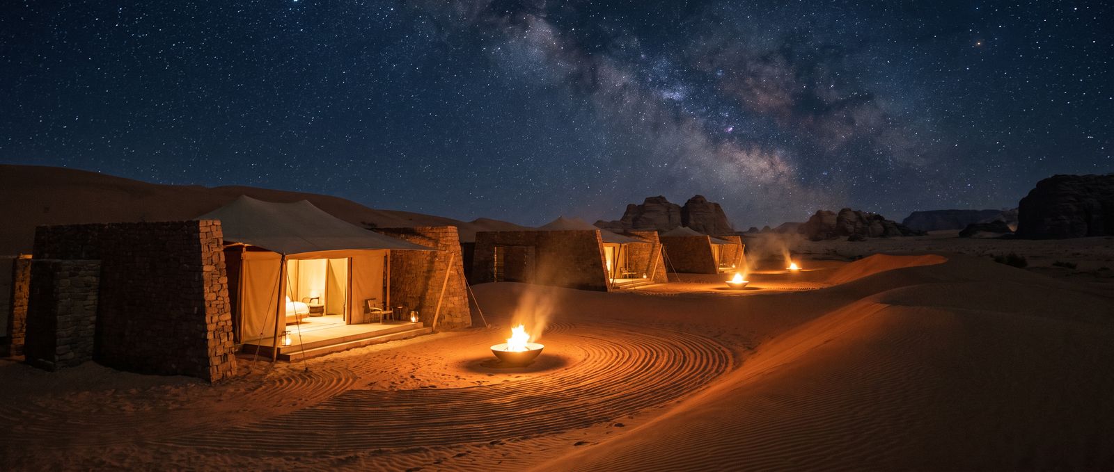 Demonstration frame — desert pavilions at night