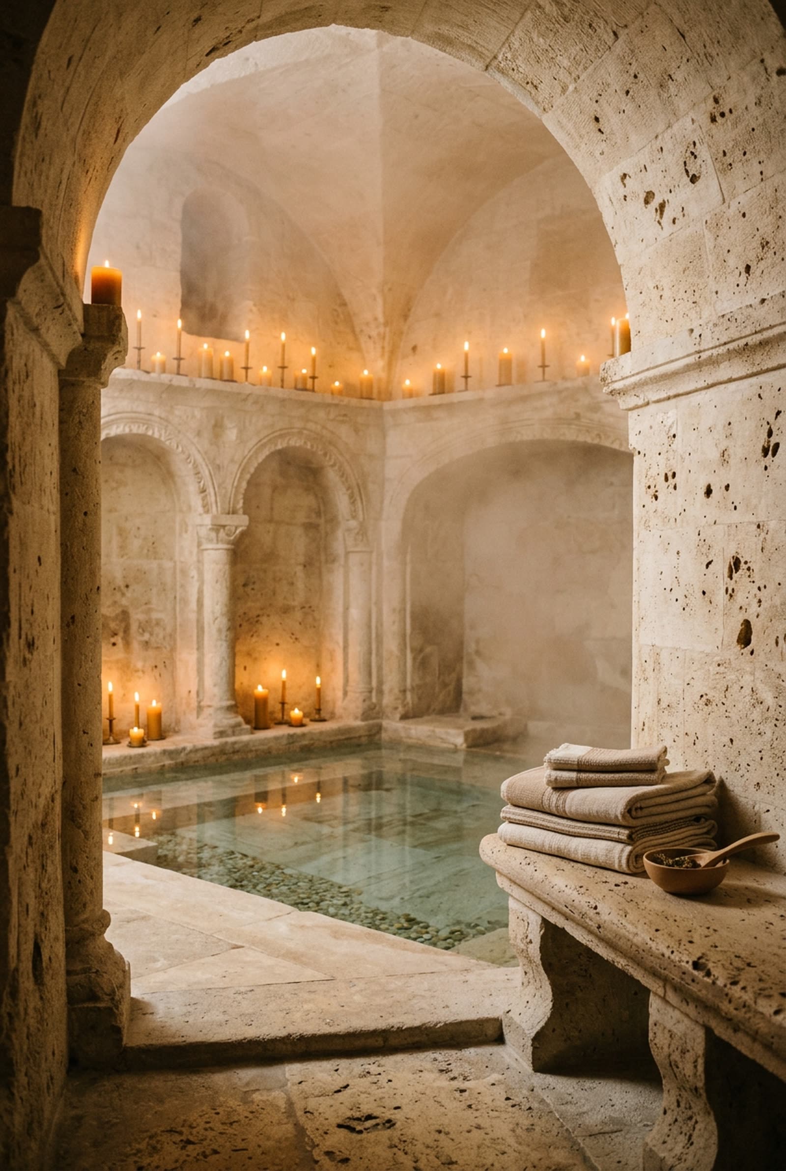 Demonstration frame — stone spa by candlelight